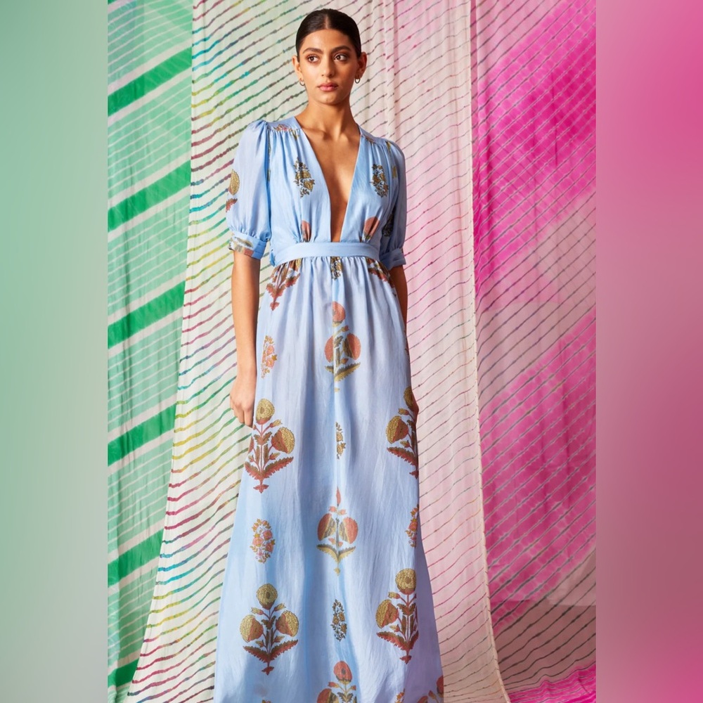 Hannah Artwear Silk Blue Maxi Dress US 6